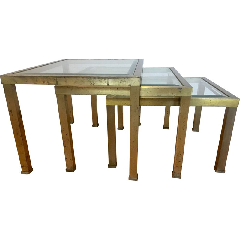 Set of 3 vintage french nesting tables in metal and glass 1970
