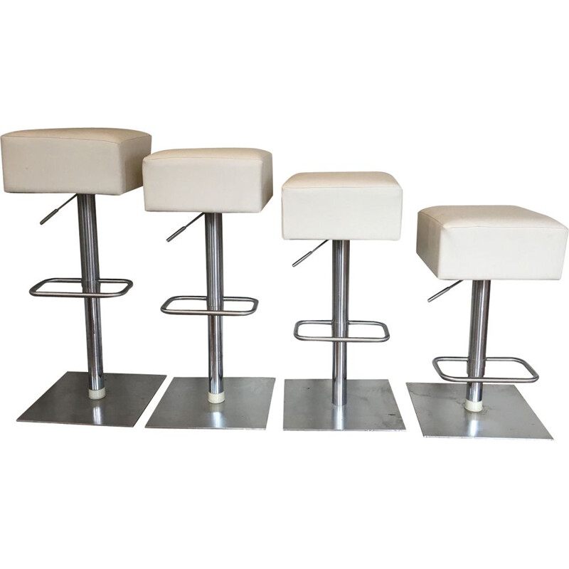 Set of 4 vintage stools in ivory leatherette and steel 1980
