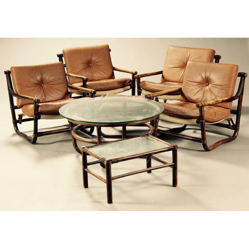 Set of 4 vintage brown armchairs in rattan and leather