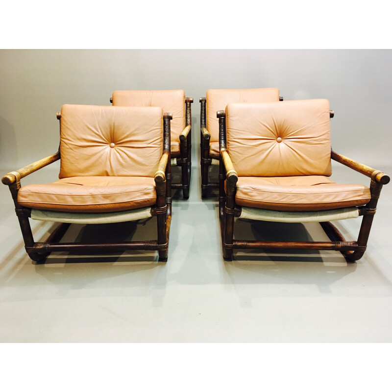 Set of 4 vintage brown armchairs in rattan and leather