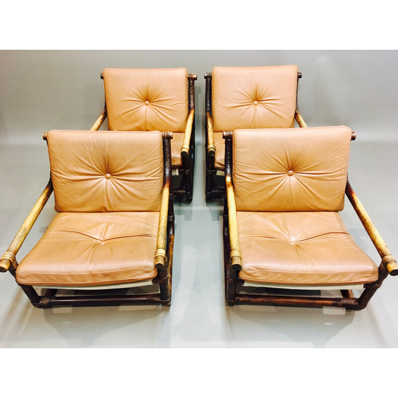 Set of 4 vintage brown armchairs in rattan and leather