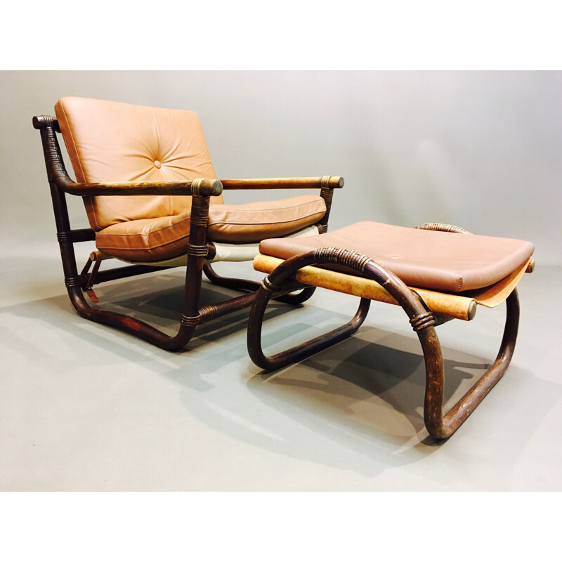 Set of 4 vintage brown armchairs in rattan and leather