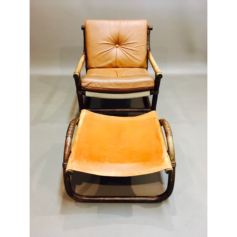 Set of 4 vintage brown armchairs in rattan and leather