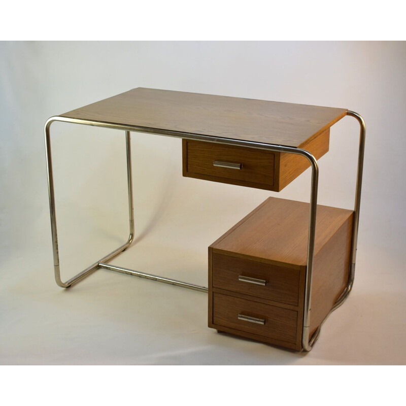 Vintage desk in oak and chromed steel by Thonet