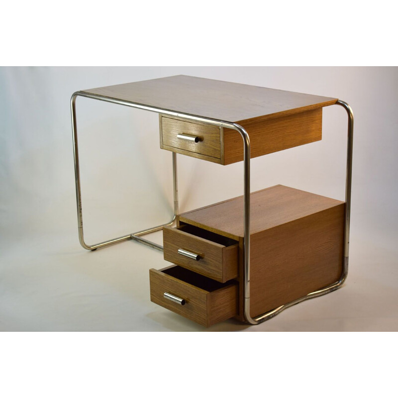 Vintage desk in oak and chromed steel by Thonet