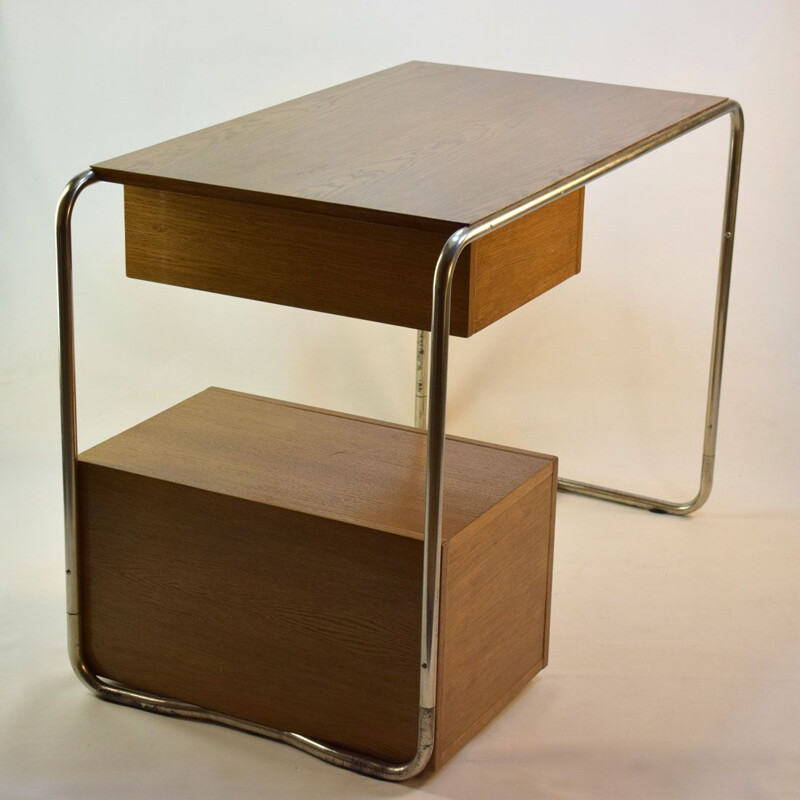 Vintage desk in oak and chromed steel by Thonet