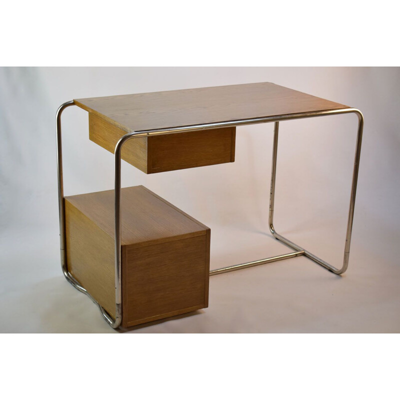 Vintage desk in oak and chromed steel by Thonet