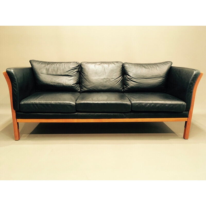 Canapé vintage scandinave en cuir noir et bois 1980