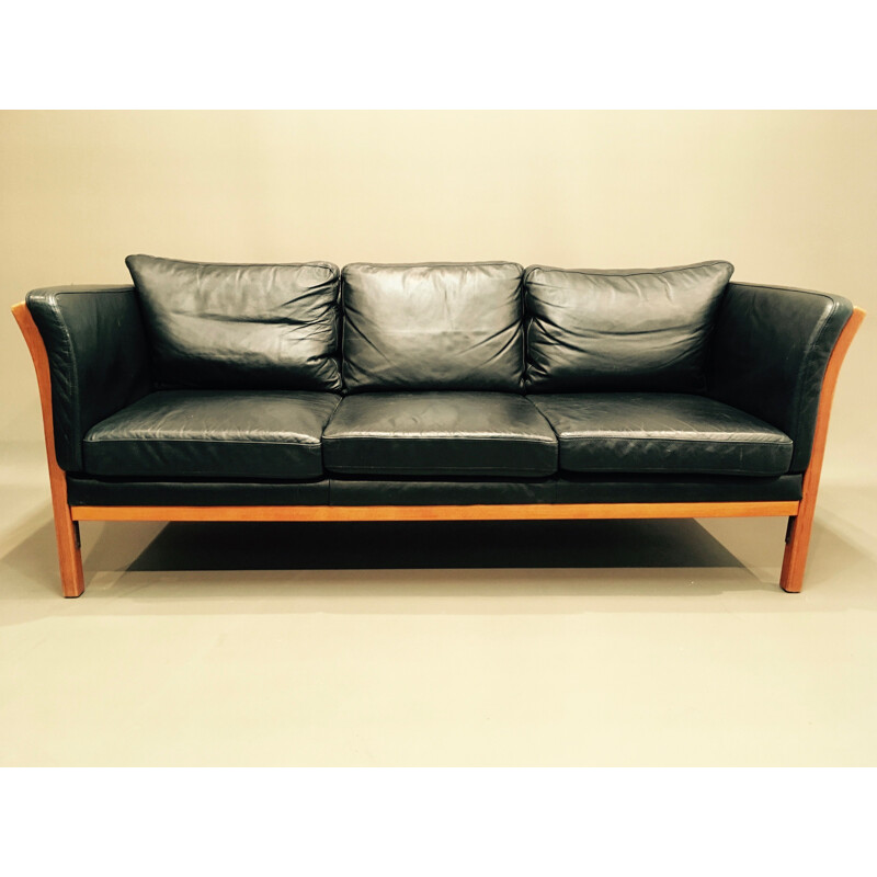 Vintage scandinavian sofa in black leather and wood 1980