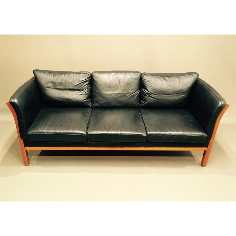 Vintage scandinavian sofa in black leather and wood 1980