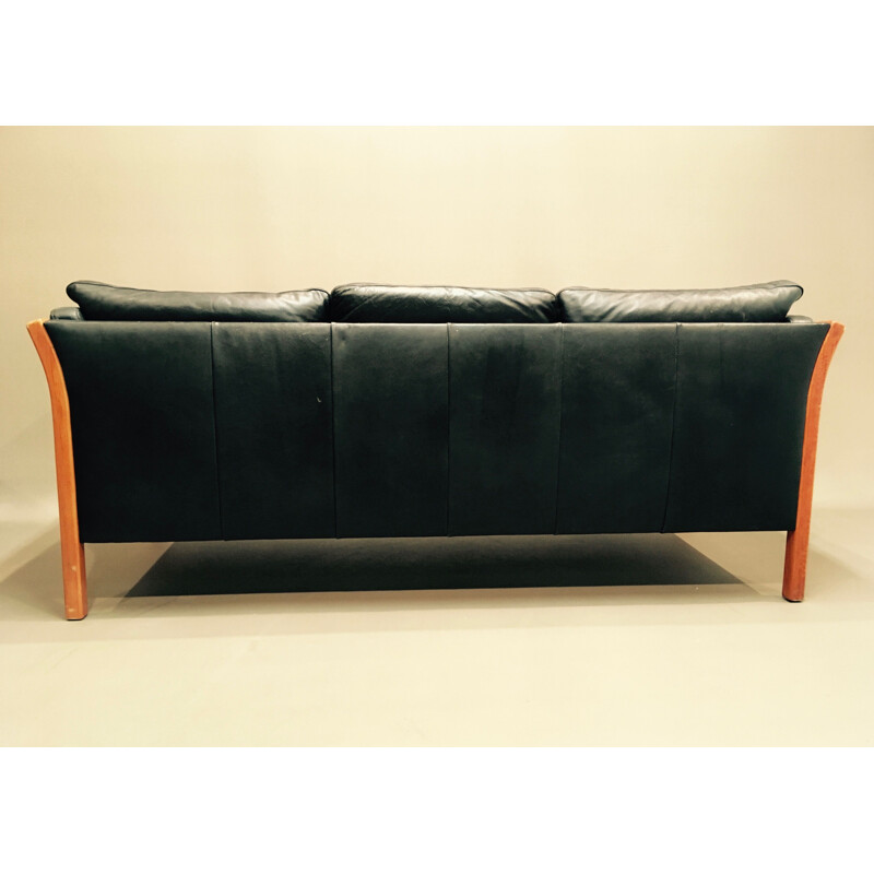 Vintage scandinavian sofa in black leather and wood 1980