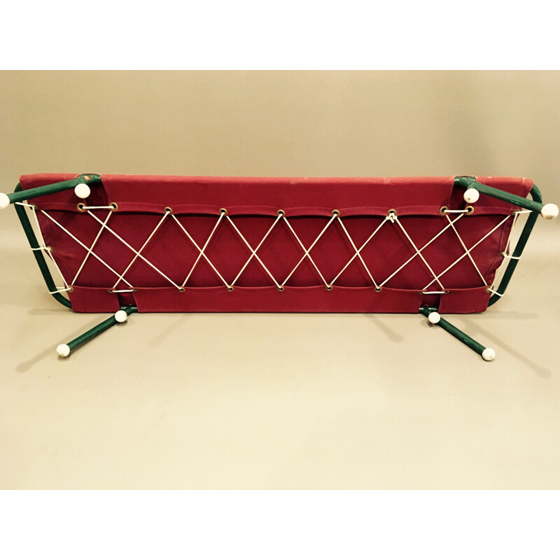 Set of 10 vintage folding beds in metal and red fabric 1950