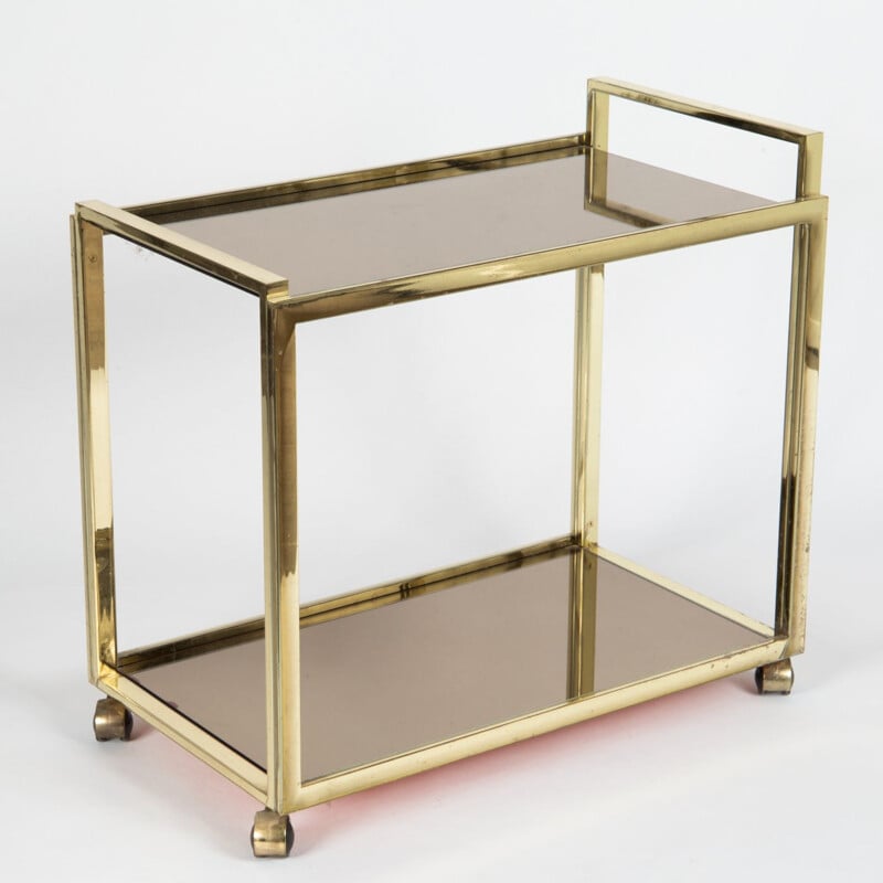 Vintage two-tiered trolley in gold-plating and glass 1980