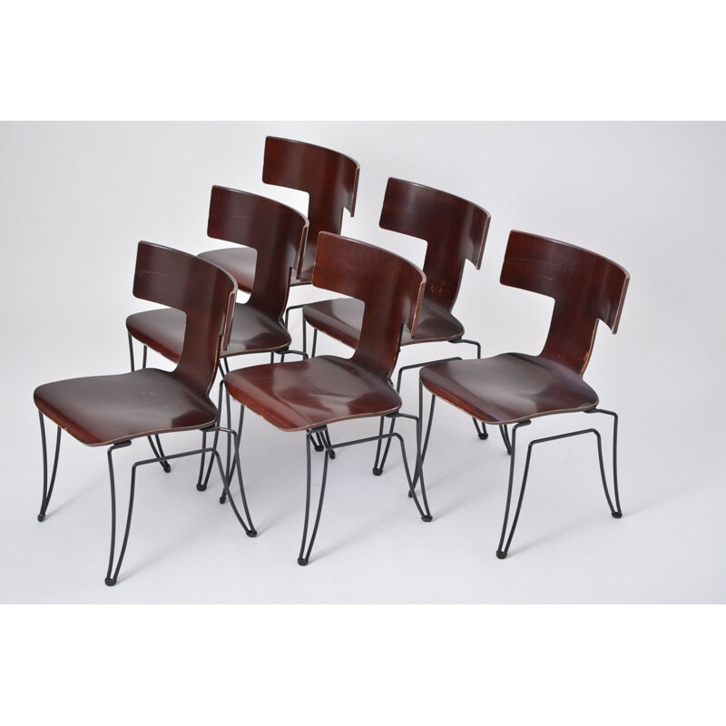 Set of 6 vintage Anziano chairs for Donghia in steel and beechwood 1980
