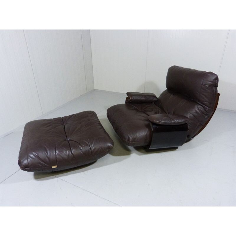 Lounge chair and its ottoman in dark brown leather and plastic, Michel DUCAROY - 1970s