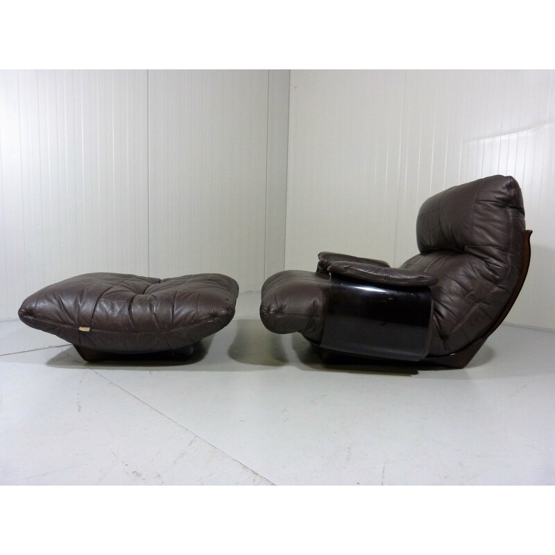 Lounge chair and its ottoman in dark brown leather and plastic, Michel DUCAROY - 1970s