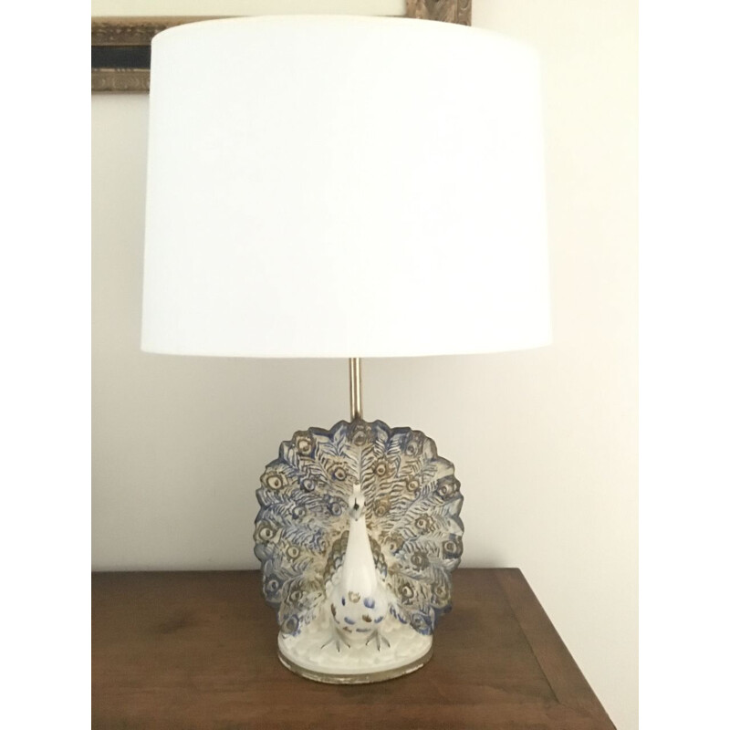 Vintage blue and white ceramic peacock lamp 1970