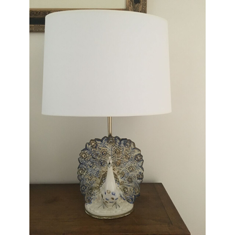 Vintage blue and white ceramic peacock lamp 1970