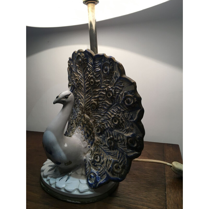 Vintage blue and white ceramic peacock lamp 1970