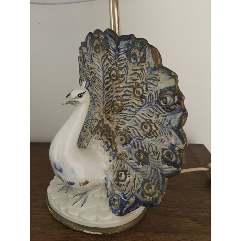 Vintage blue and white ceramic peacock lamp 1970