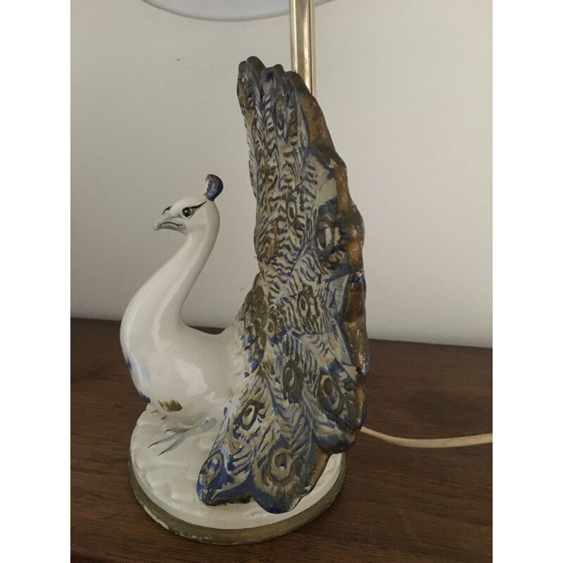 Vintage blue and white ceramic peacock lamp 1970