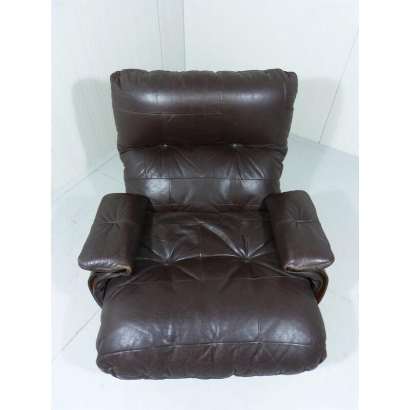 Lounge chair and its ottoman in dark brown leather and plastic, Michel DUCAROY - 1970s