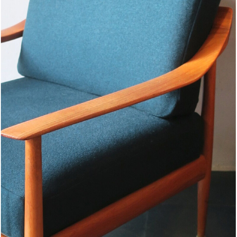 Vintage teak armchair in sea green fabric 1960