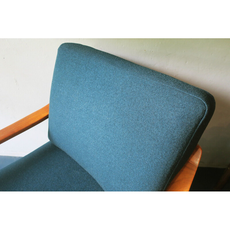 Vintage teak armchair in sea green fabric 1960