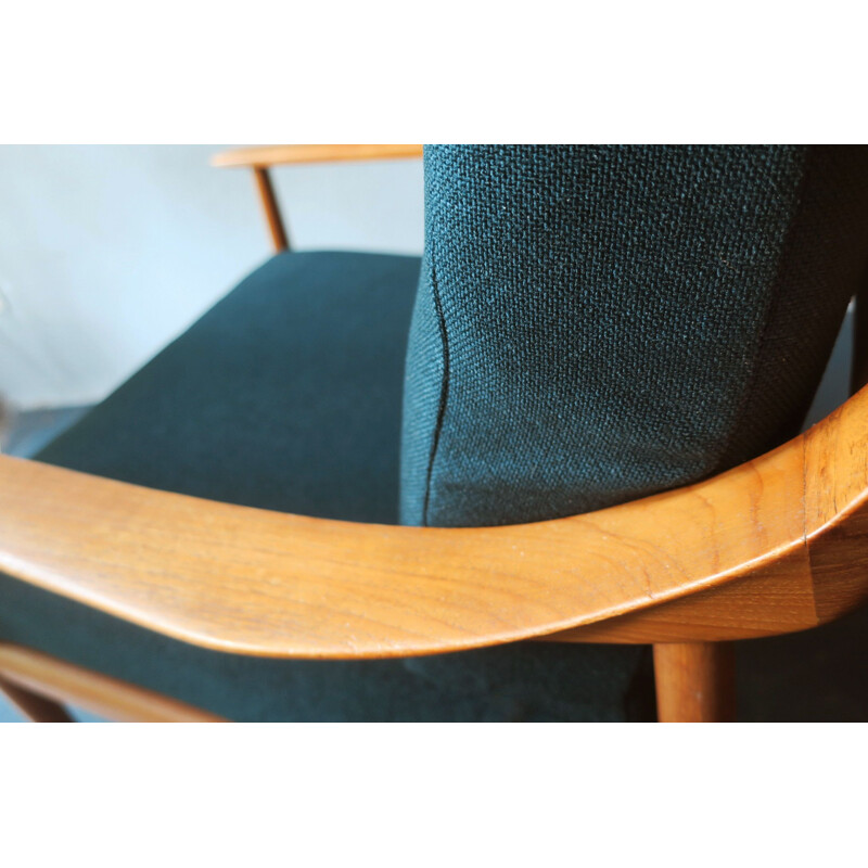 Vintage teak armchair in sea green fabric 1960