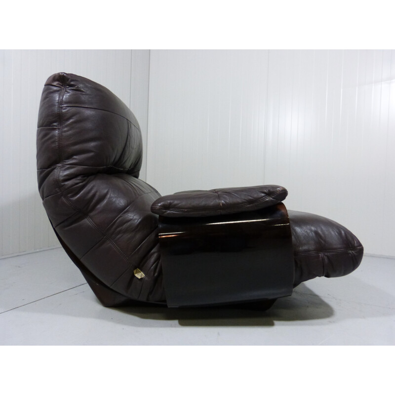 Lounge chair and its ottoman in dark brown leather and plastic, Michel DUCAROY - 1970s