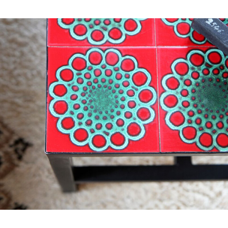 Vintage red and turquoise table in ceramic and metal 1960