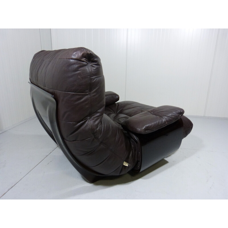 Lounge chair and its ottoman in dark brown leather and plastic, Michel DUCAROY - 1970s