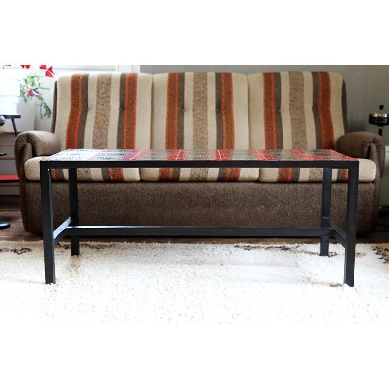 Vintage red and turquoise table in ceramic and metal 1960