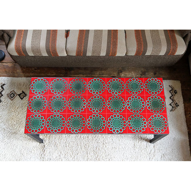 Vintage red and turquoise table in ceramic and metal 1960