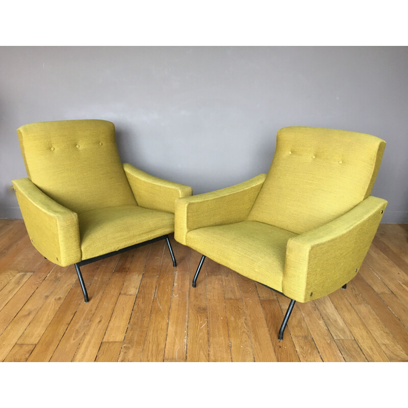 Pair of vintage armchairs for Steiner in yellow fabric and metal