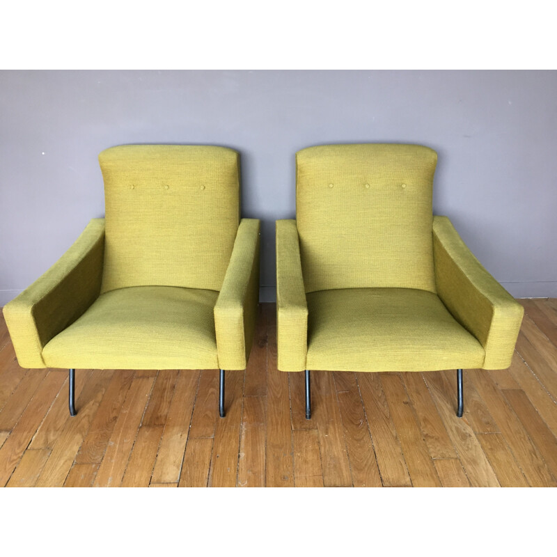 Pair of vintage armchairs for Steiner in yellow fabric and metal