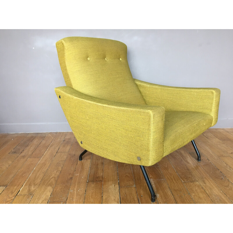 Pair of vintage armchairs for Steiner in yellow fabric and metal