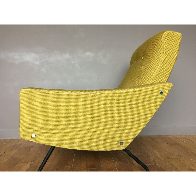 Pair of vintage armchairs for Steiner in yellow fabric and metal