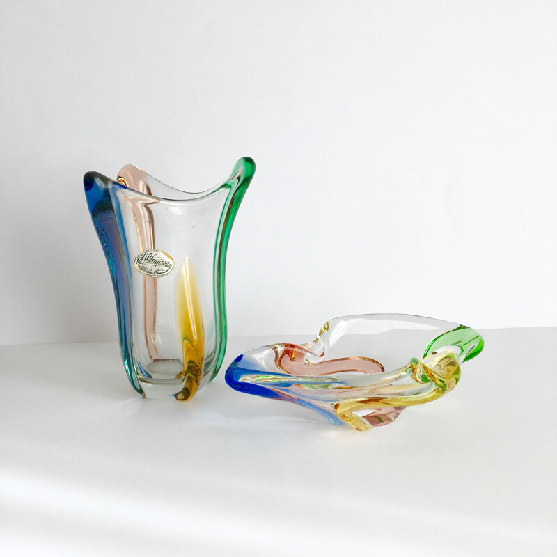 Set of vintage Rhapsody glass vase and bowl by František Zemek 1950