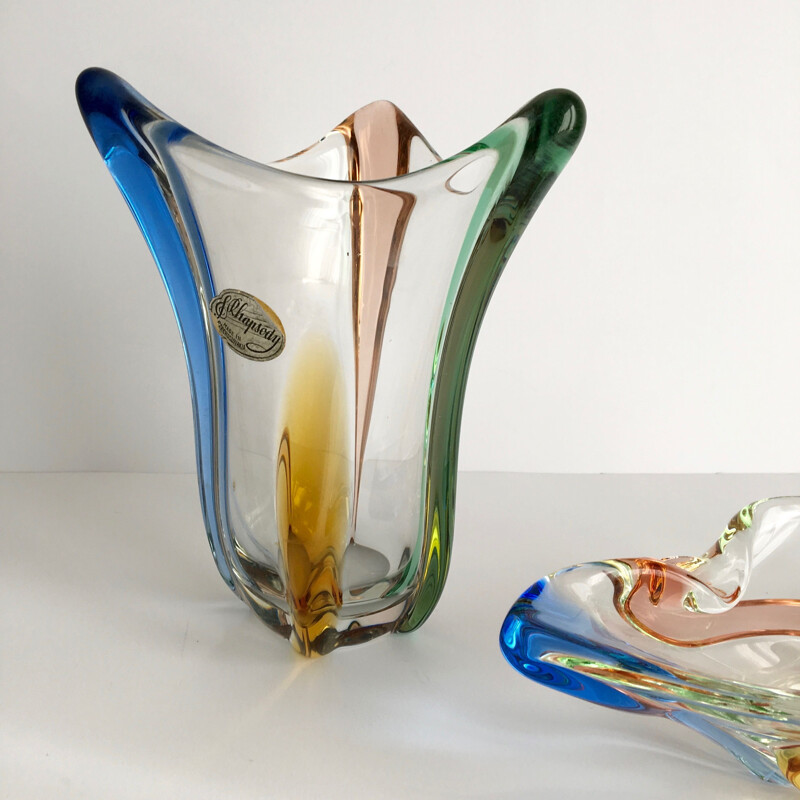 Set of vintage Rhapsody glass vase and bowl by František Zemek 1950