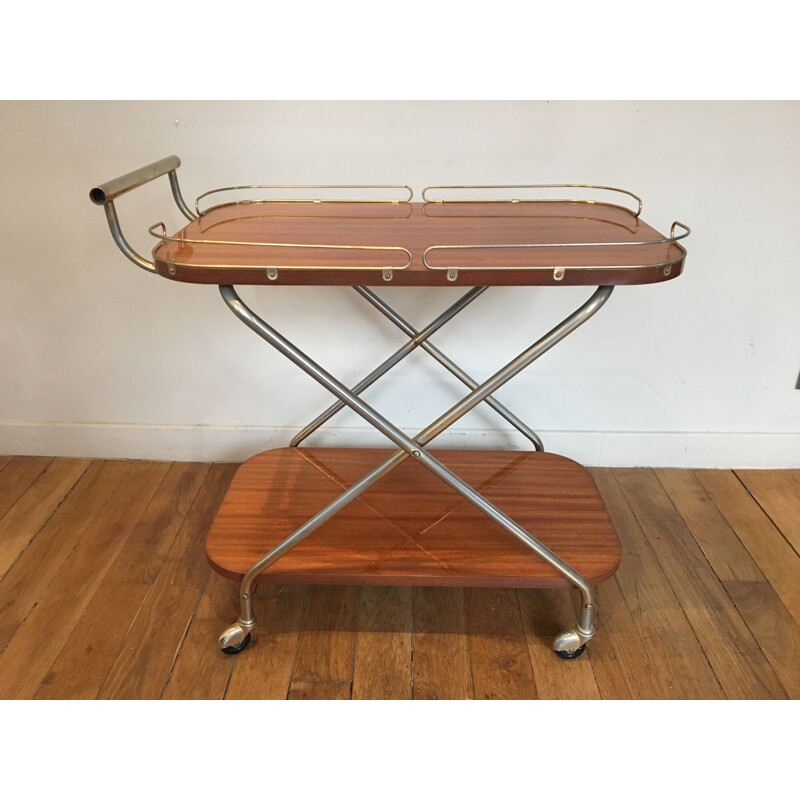 Vintage french serving trolley in wood and metal 1950