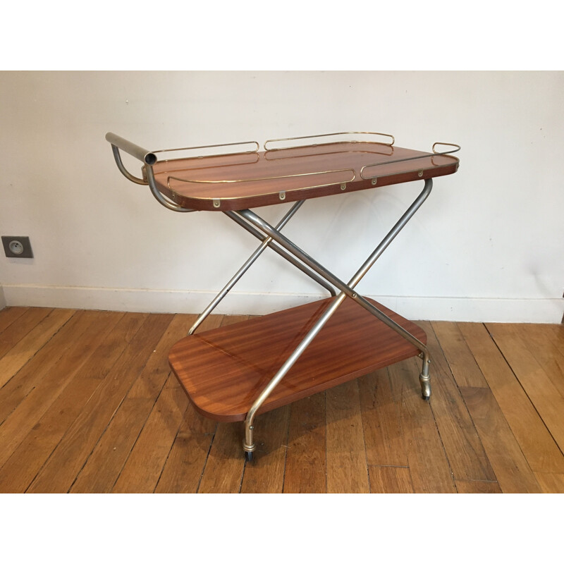 Vintage french serving trolley in wood and metal 1950