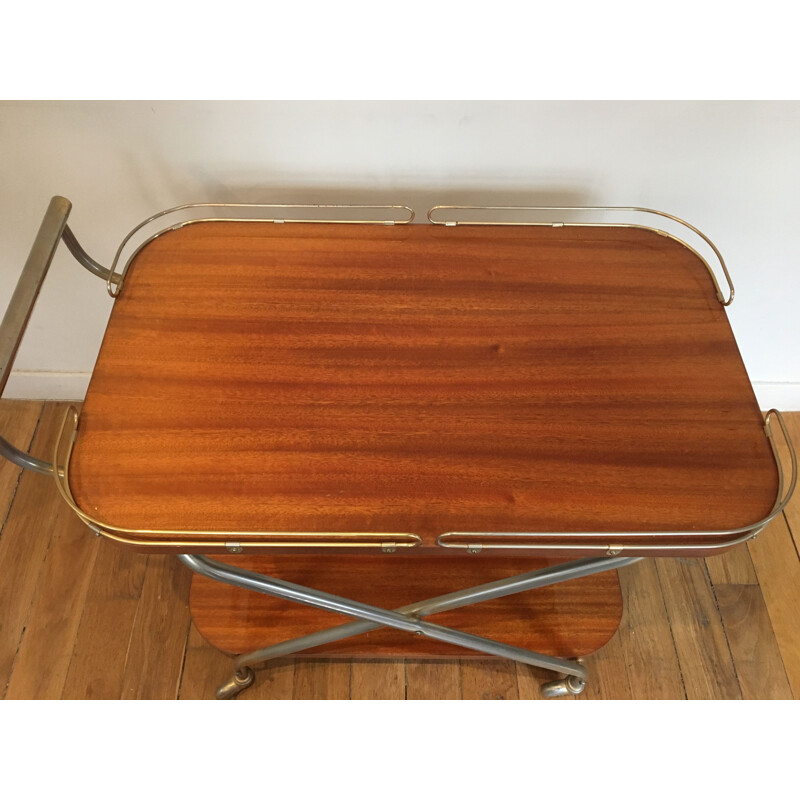 Vintage french serving trolley in wood and metal 1950