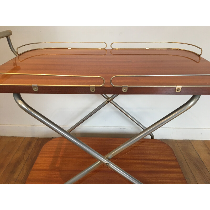 Vintage french serving trolley in wood and metal 1950