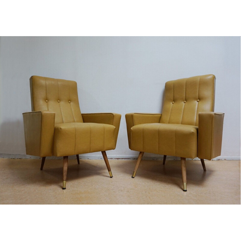 Set of 2 vintage italian club armchairs in yellow leatherette 1960