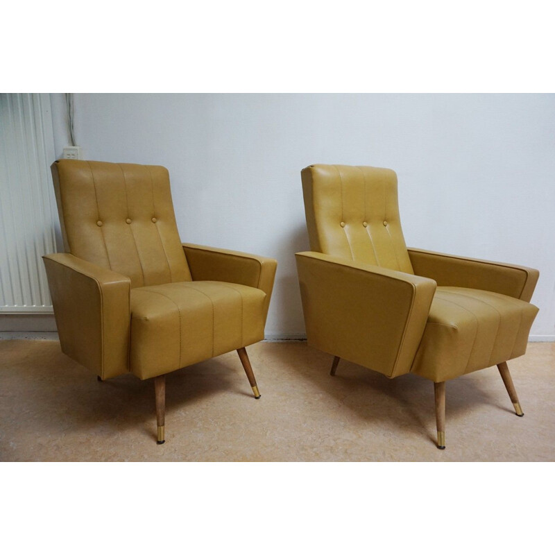 Set of 2 vintage italian club armchairs in yellow leatherette 1960