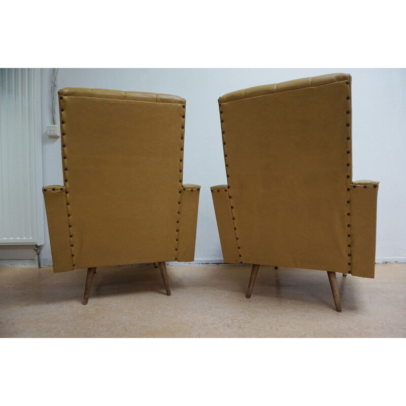 Set of 2 vintage italian club armchairs in yellow leatherette 1960