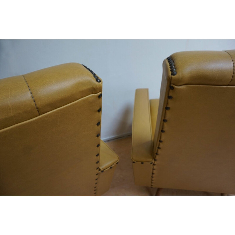 Set of 2 vintage italian club armchairs in yellow leatherette 1960