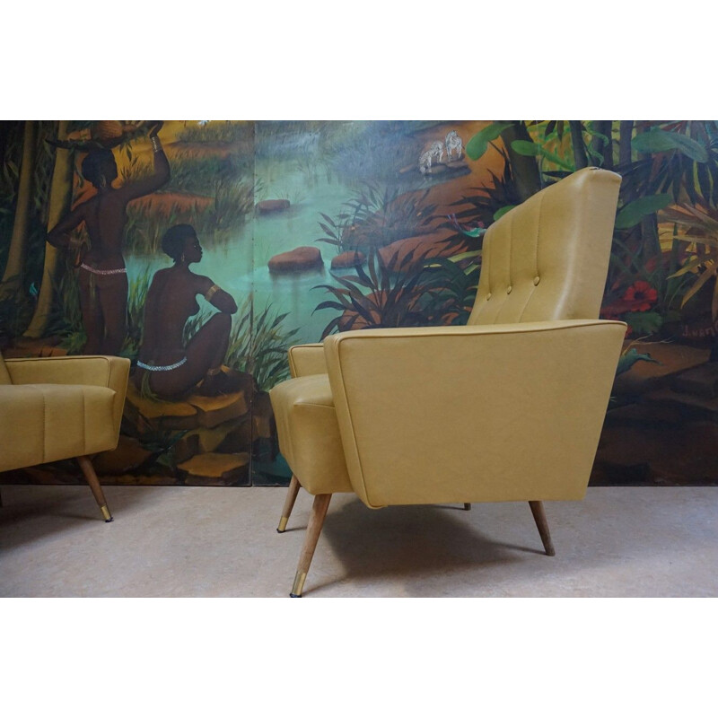 Set of 2 vintage italian club armchairs in yellow leatherette 1960