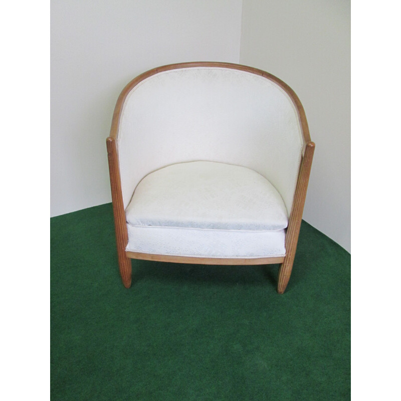 French vintage armchair in beechwood and white fabric 1950